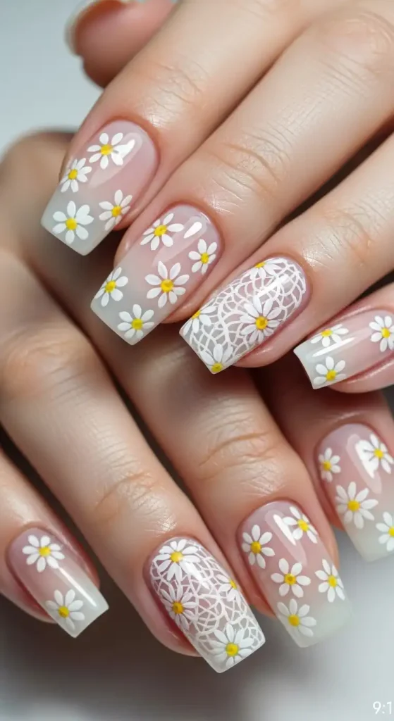 White Nails with Floral Art