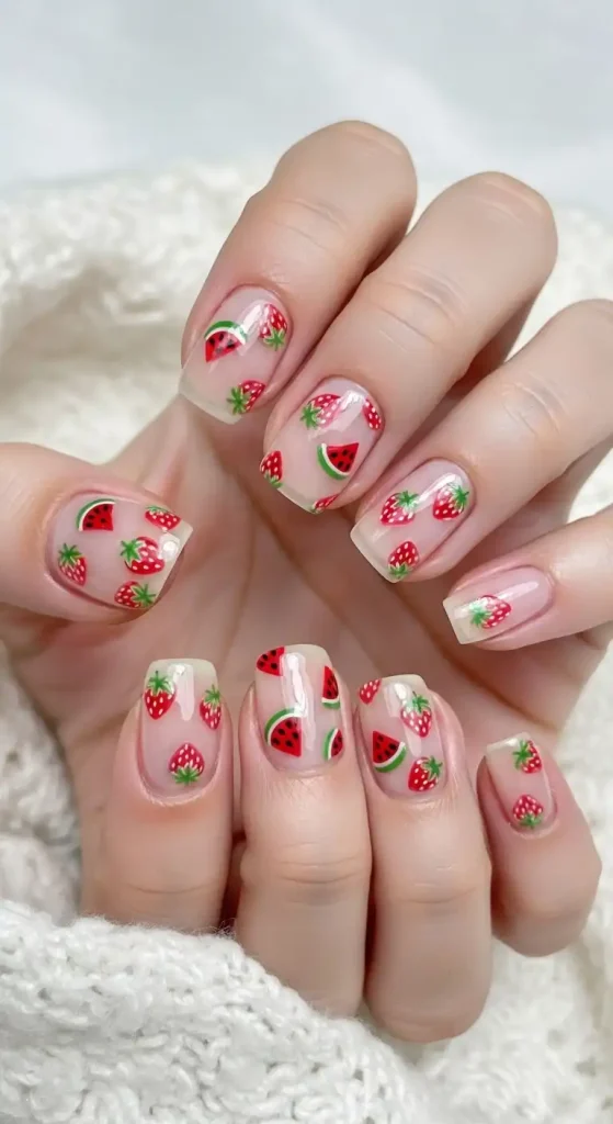 Tiny Fruit Designs Short Nails Design