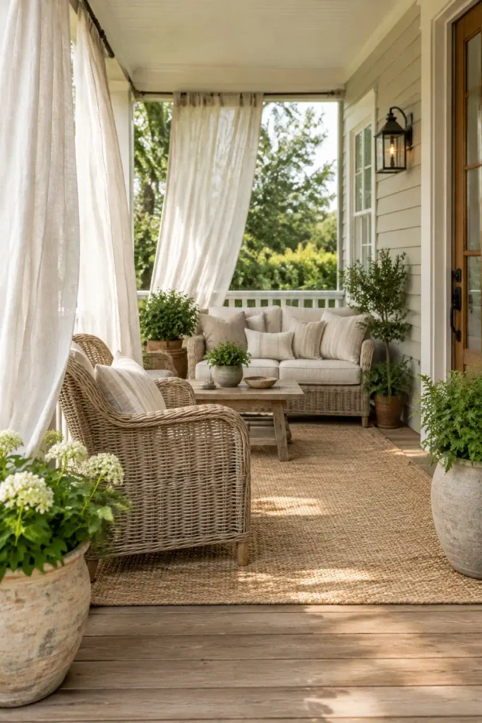 14 Simple Front Porch Ideas That Look Expensive on a Budget 4 Hang Soft Porch Curtains for Drama 1