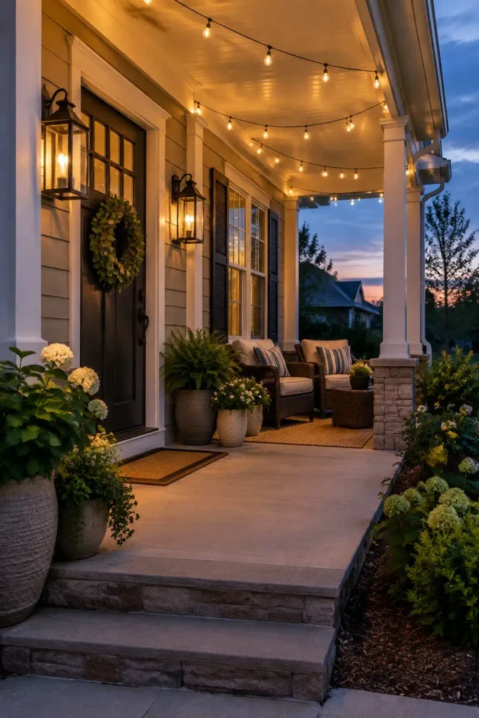 14 Simple Front Porch Ideas That Look Expensive on a Budget 2 String Up Chic Outdoor Lights